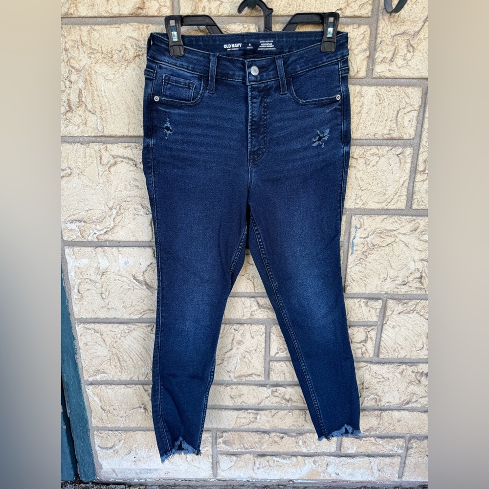 Old Navy Comfy Stretchy Dark Blue Raw hem Jeans Size 4 P High Rise